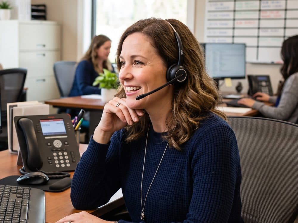 A care manager smiling on a headset at her desk