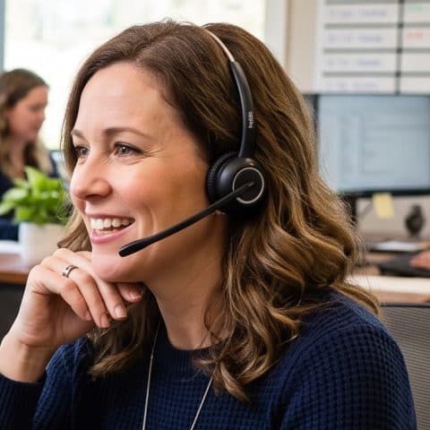 A care manager on a headset at her desk