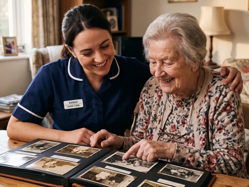 A carer and an older woman looking through a photo album together
