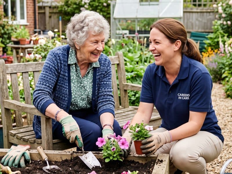 A live-in carer and an older woman planting flowers together in her garden