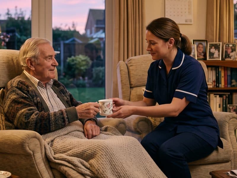 A carer bringing an older man a cup of tea in the evening