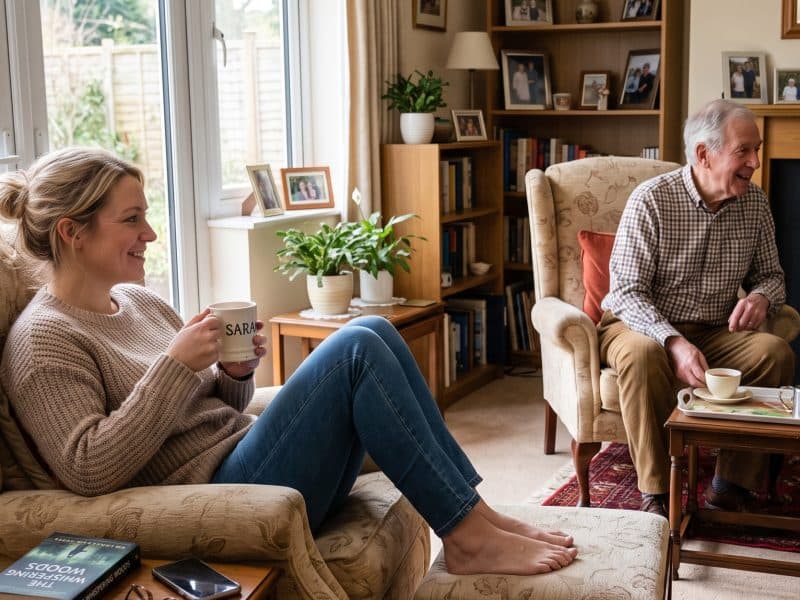 A daughter relaxing with a cup of tea while her father chats with his carer