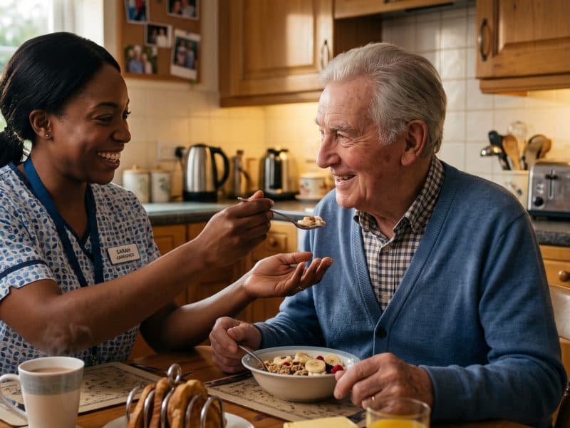 A carer sharing breakfast with an older man in his kitchen