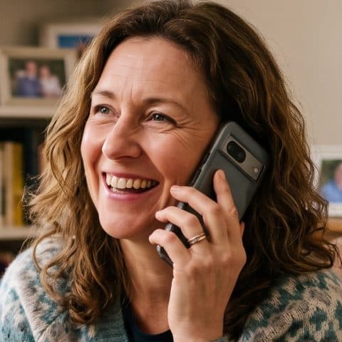 A smiling woman on the phone at home