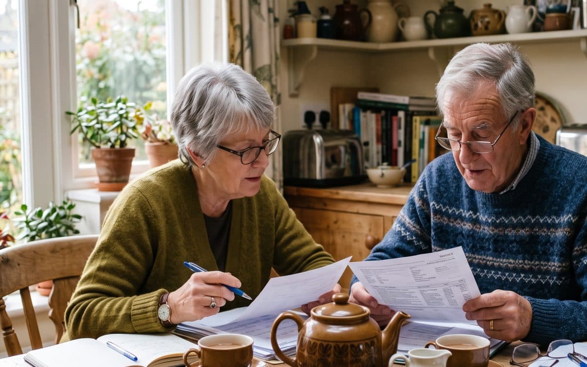 An older couple looking through paperwork at the kitchen table with a pot of tea