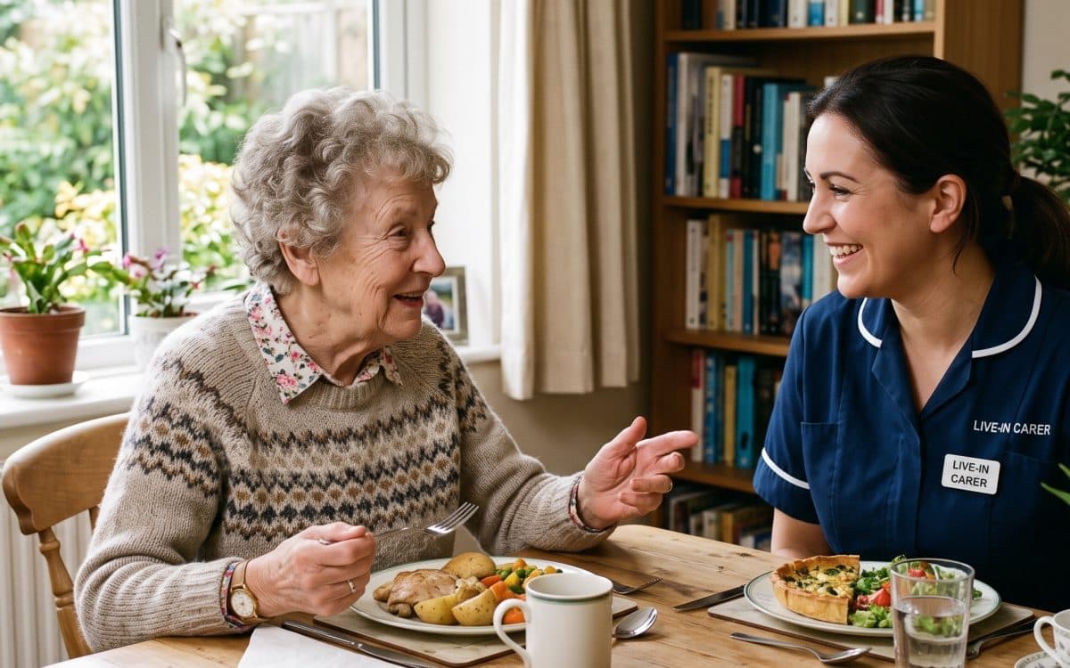 A live-in carer and an older woman chatting over lunch