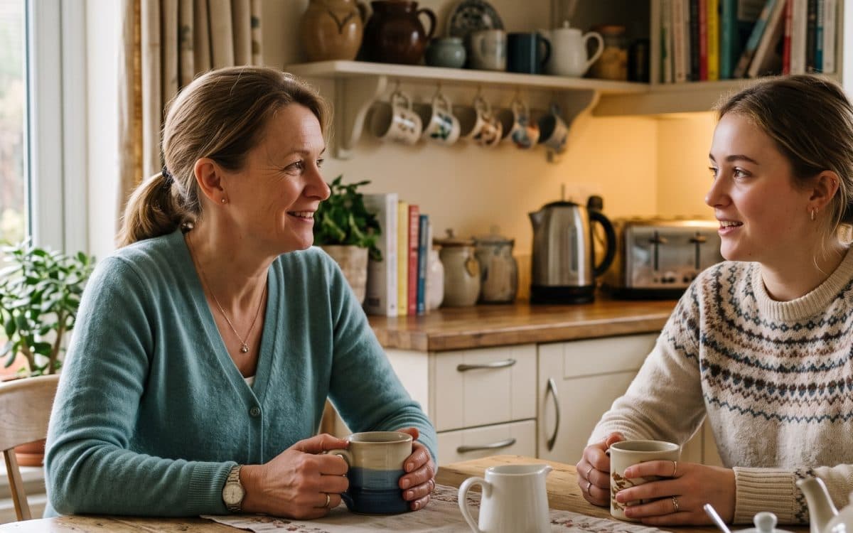 A daughter and her mum talking at the kitchen table over tea