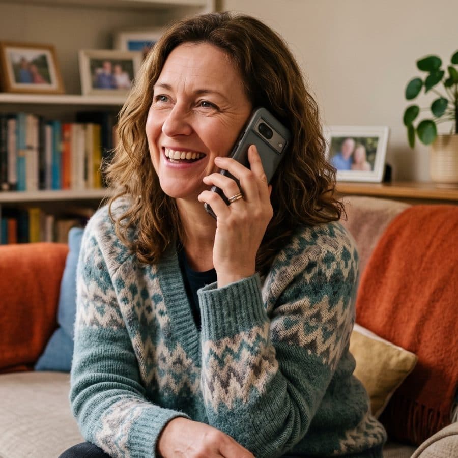 A woman smiling on the phone at home, arranging care for her mum