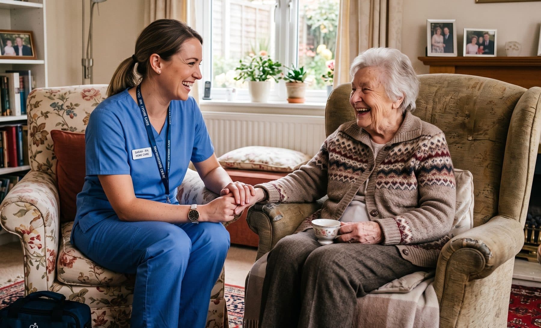 A smiling carer holding hands with an older woman in her living room