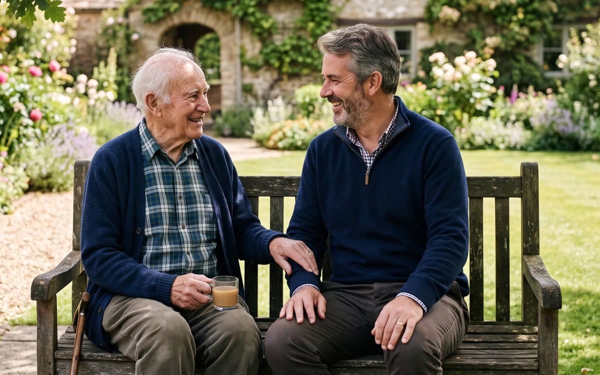 An adult son and his elderly father talking on a garden bench