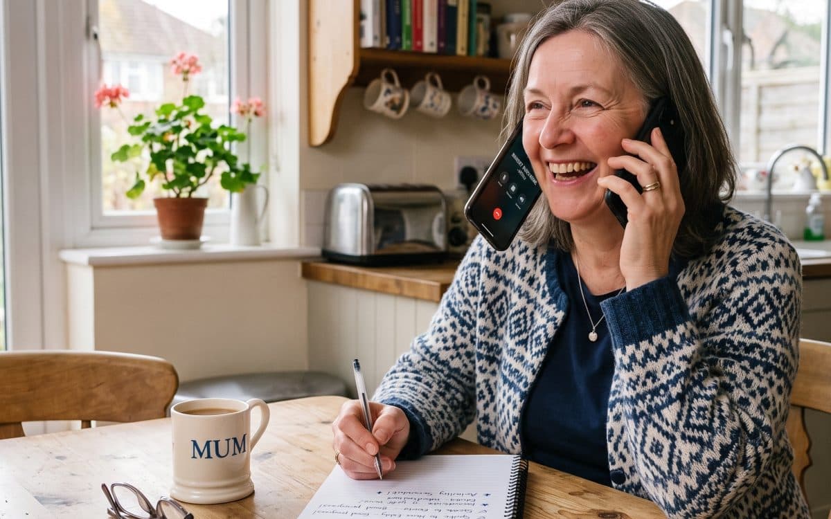 A woman at her kitchen table with a notepad and phone, making calls about care for her mum