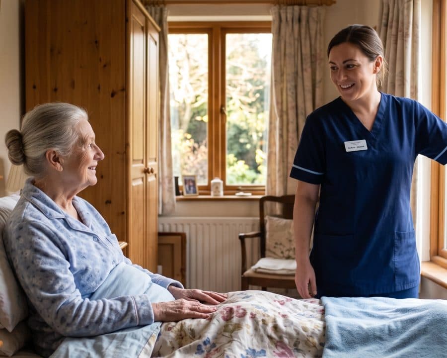 A carer opening the curtains in the morning for an older woman sitting up in bed