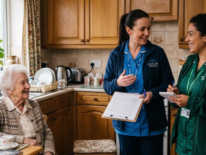 Two care staff with a clipboard talking with an older woman in her kitchen
