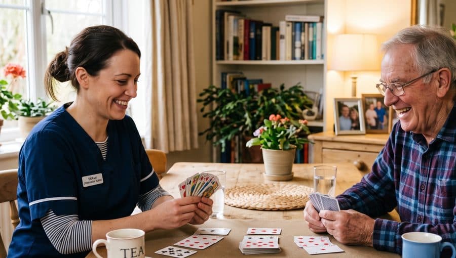 A companion and an older man playing cards at the dining table