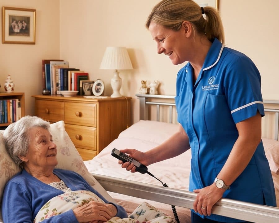 A carer adjusting a profiling bed for an older woman at home