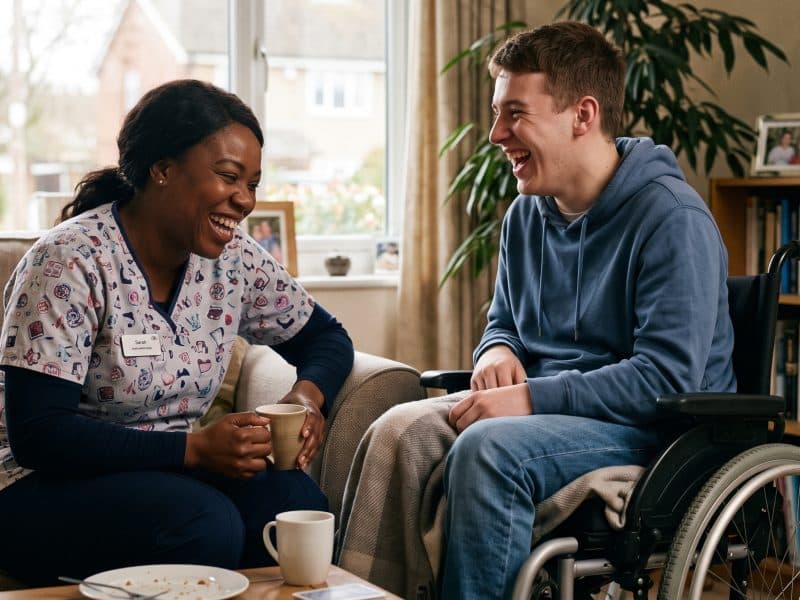 A care worker and a young man in a wheelchair laughing together at home