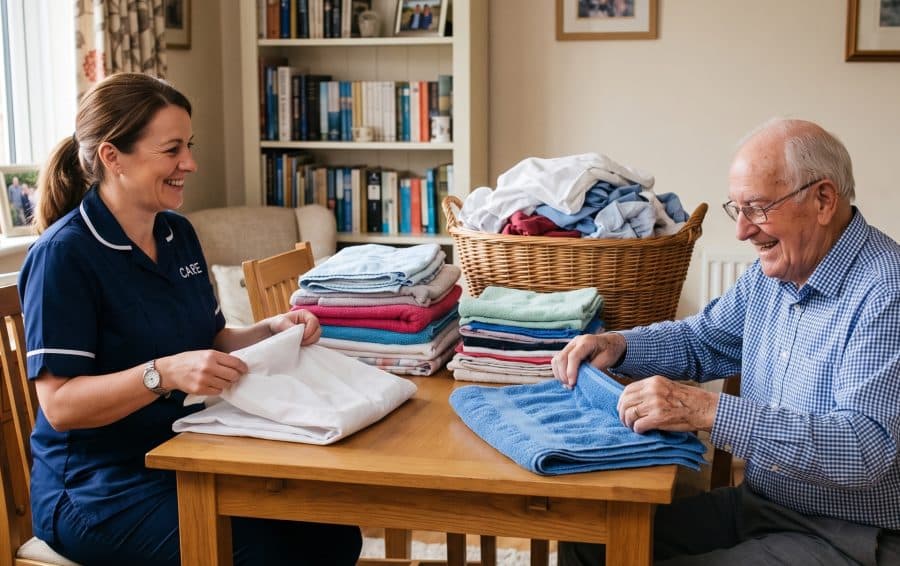 A carer and an older man folding laundry together at home