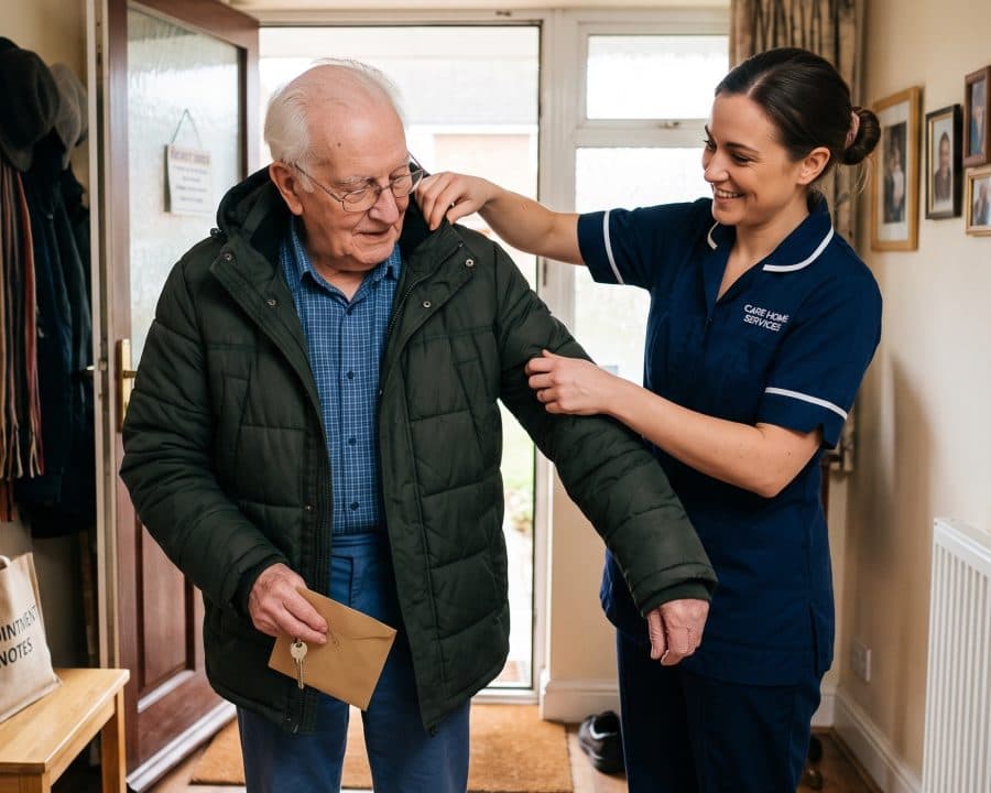 A carer helping an older man on with his coat in his hallway