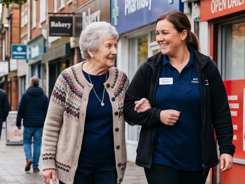 A carer and an older woman walking arm in arm to the local shops