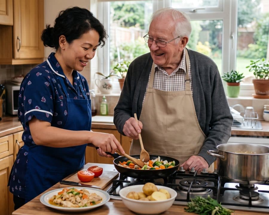 A live-in carer and an older man cooking lunch together in his kitchen