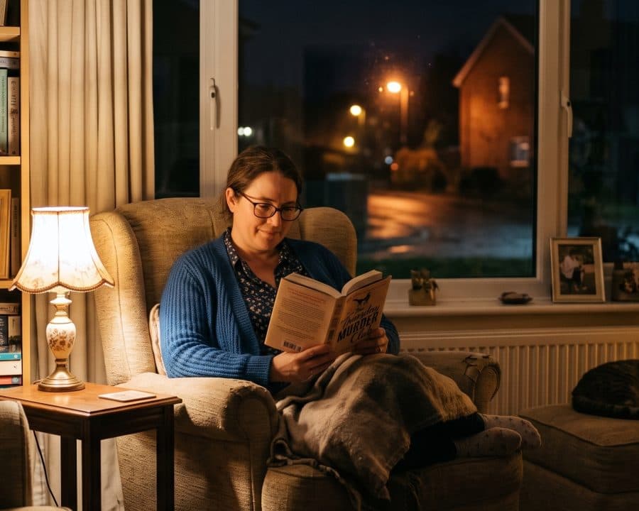 A carer reading quietly in a softly lit living room at night