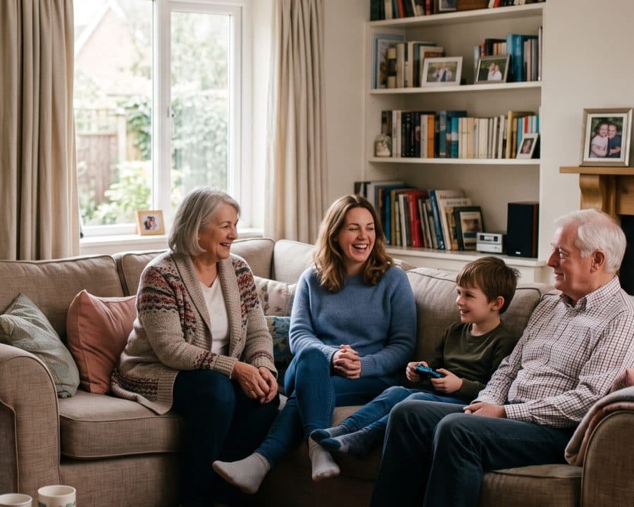 A family sitting together in a calm living room at home