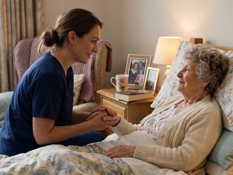 A carer gently holding the hand of an older woman resting in bed at home
