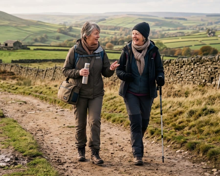 A family carer out on a countryside walk with a friend