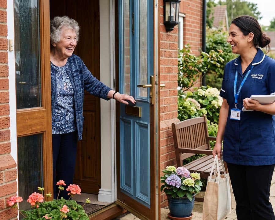 A care worker arriving at an older woman’s front door, both smiling