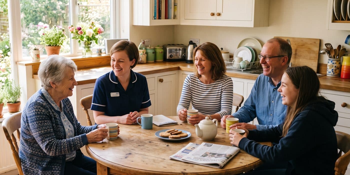A family and their carer chatting over tea around the kitchen table